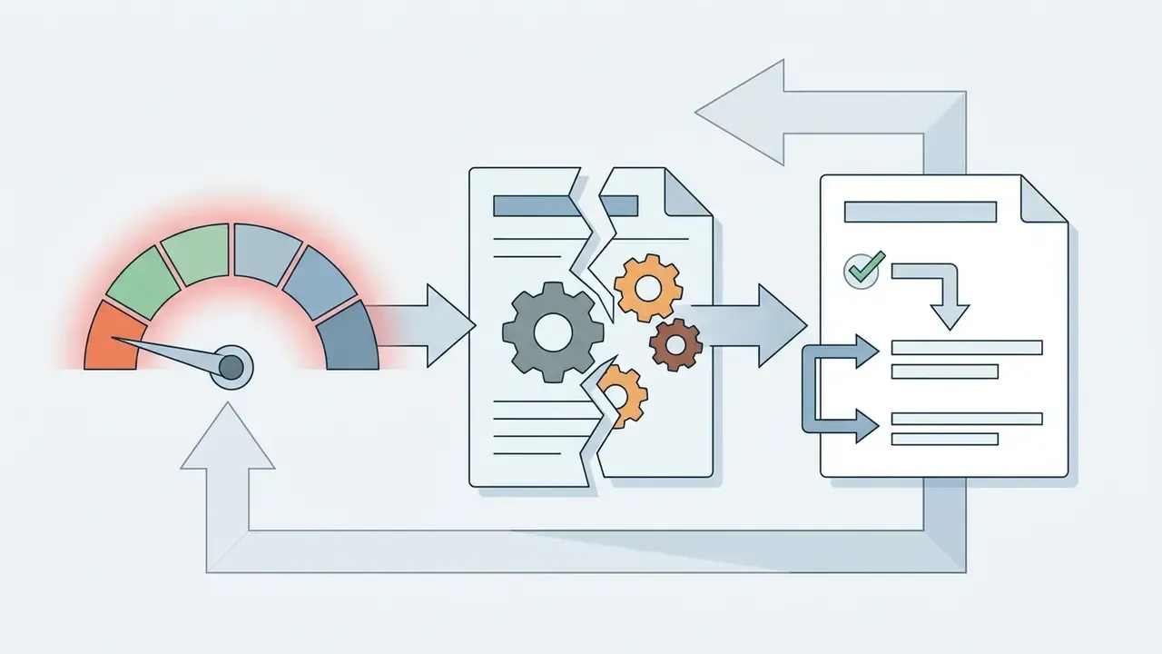 Gauge feeding into a fractured document with gears that outputs to a verified report in a feedback loop