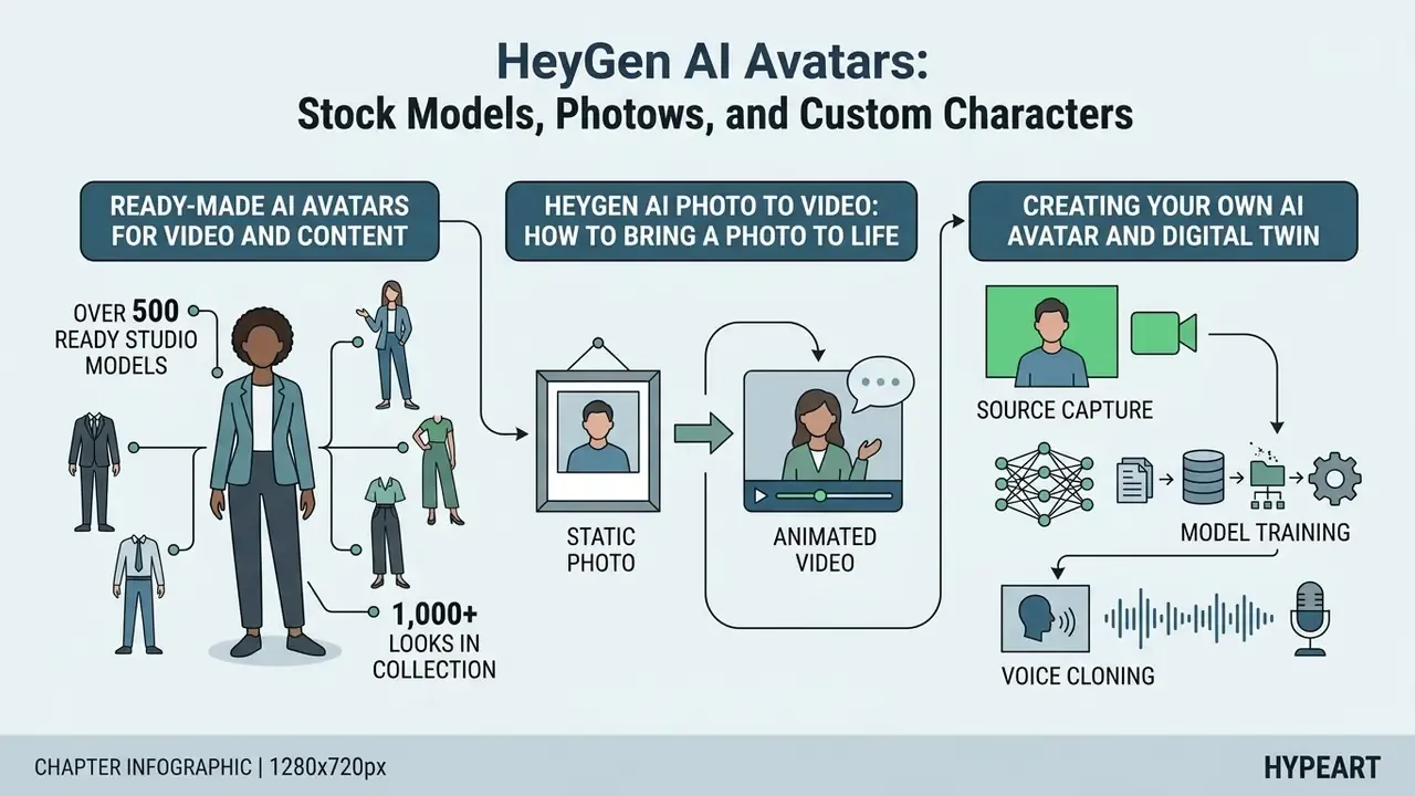 Visual guide showing stock models, photo animation, and digital twin creation using HeyGen AI avatars