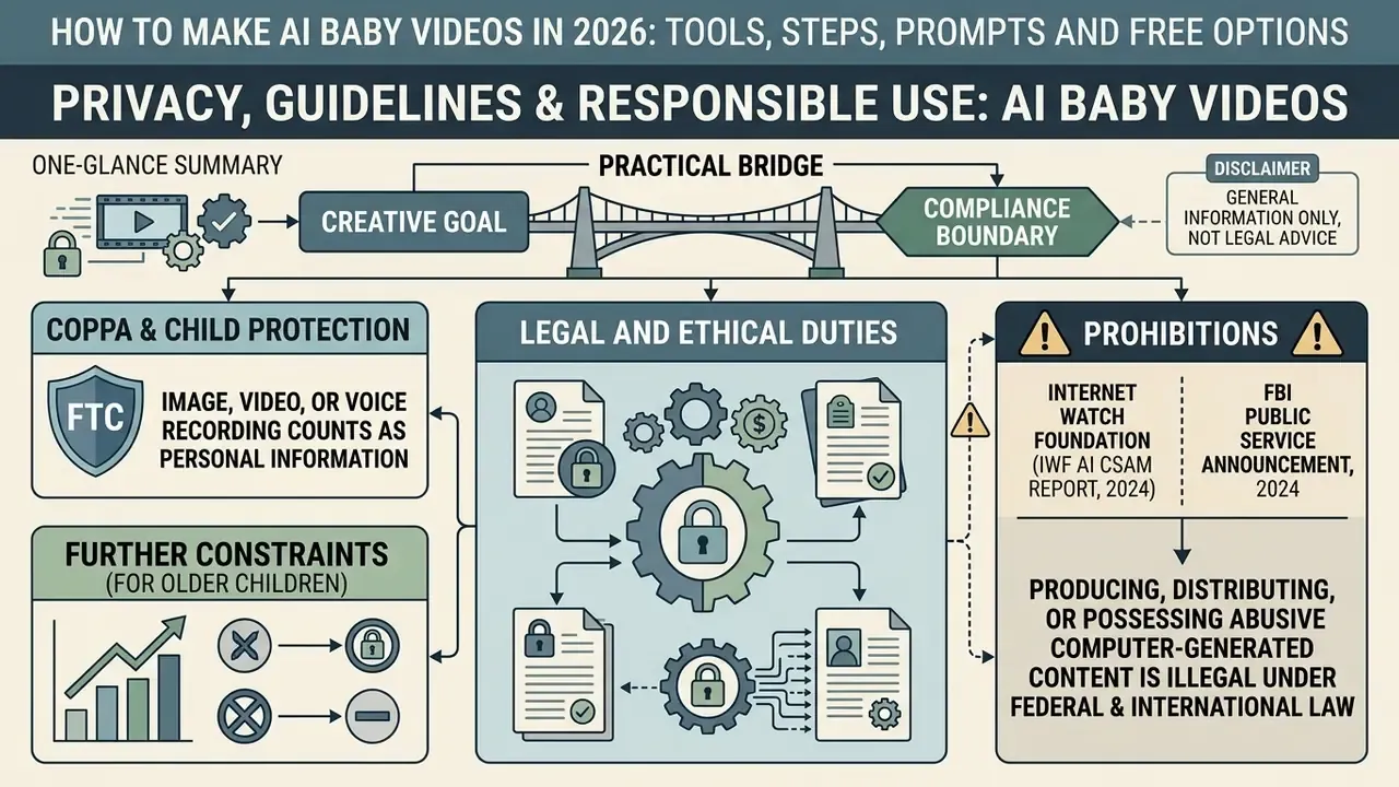 Bridge diagram connecting creative goals to compliance boundaries for responsible AI baby video production