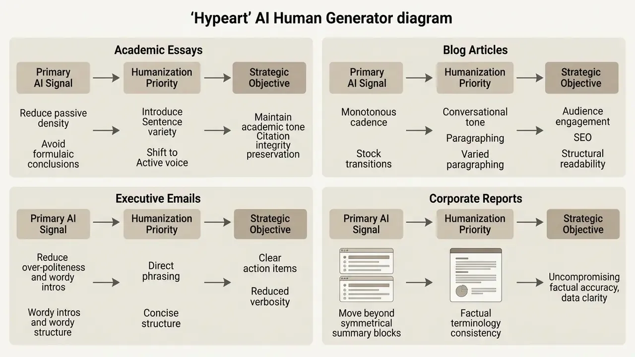 Four categorized boxes outlining adaptation requirements for essays, blogs, emails, and corporate reports