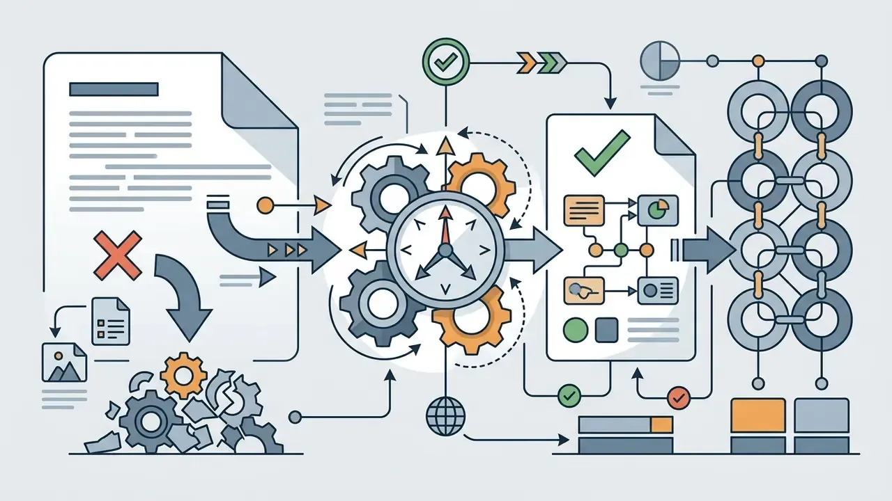 Technical process showing document data being refined through gears and logic into a structured digital output
