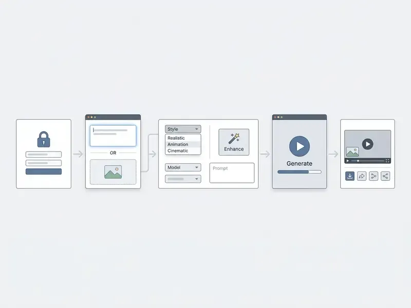 Sequence showing login, input selection, style settings, prompt enhancement, generation, and download