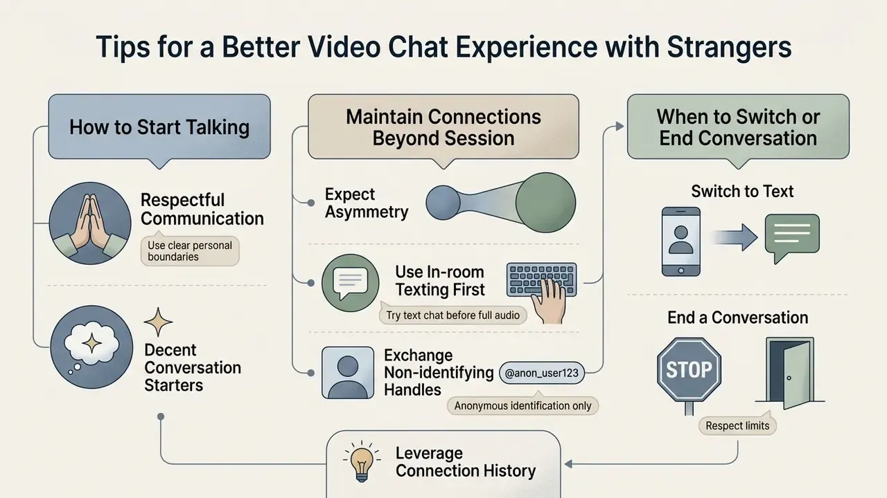 Diagram outlining steps for respectful communication, maintaining connections, and ending video chat sessions