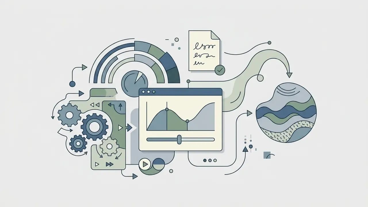 Gears and data charts connecting to a browser window with audio sliders and a flowing wave pattern