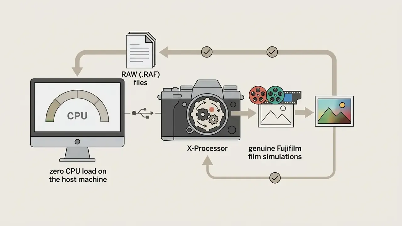Computer connected via USB to a camera that processes RAW files using internal gears and film simulations