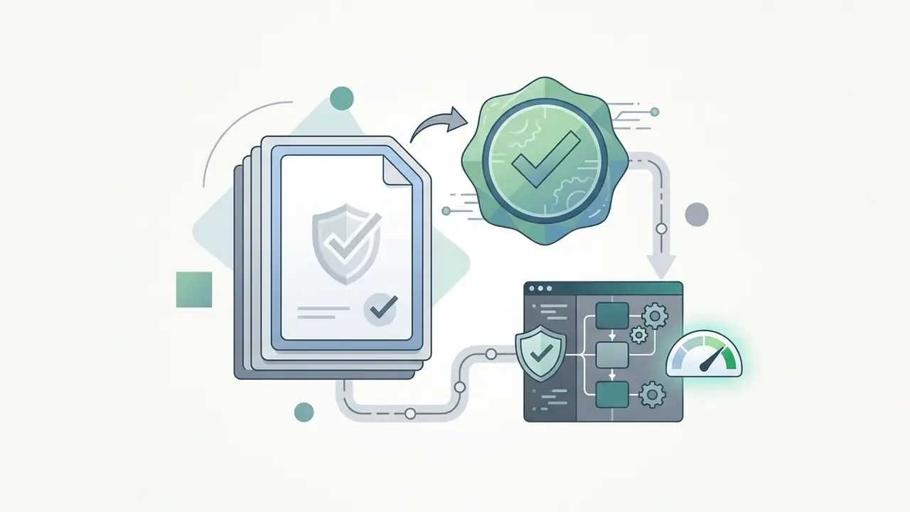 Stack of documents with shield icons flowing into a validation badge and a technical workflow interface