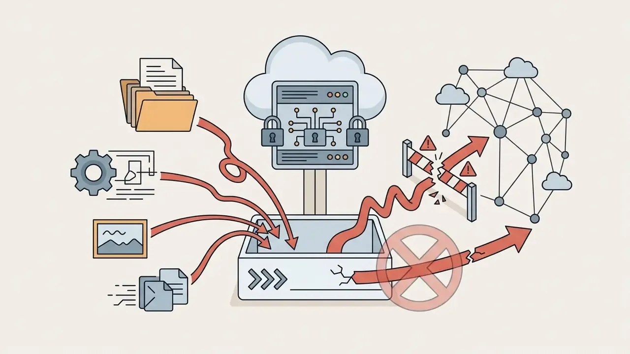 Data files and documents flowing into a server and leaking through a broken barrier into a network