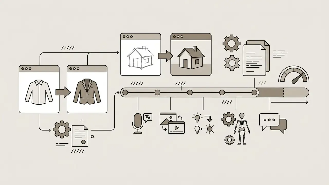 Icons showing garment changes, sketch conversion, and a timeline of advanced video editing features