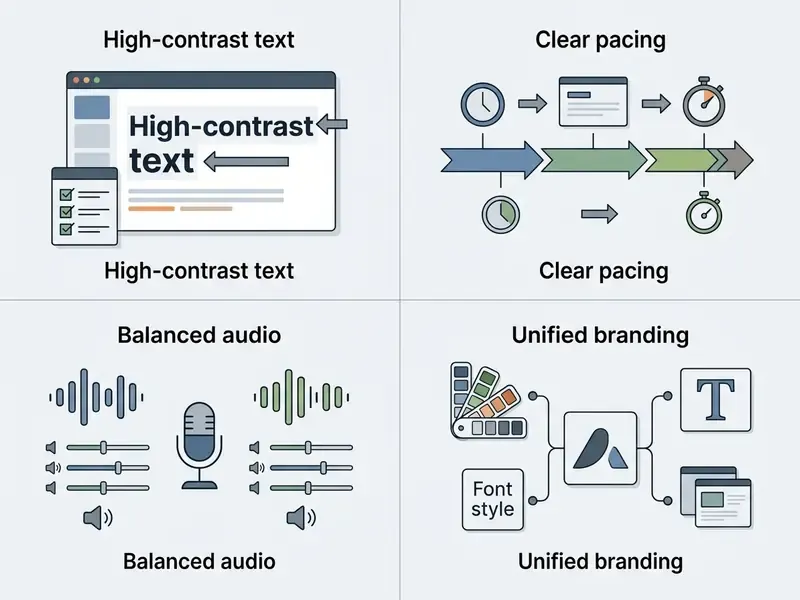 Four-quadrant grid illustrating high-contrast text, clear pacing, balanced audio, and unified branding