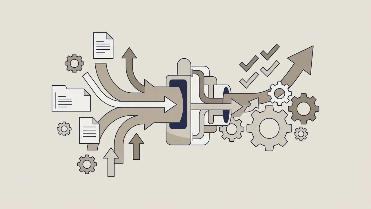 Files and gears flow through a hub to produce a rising trend arrow and multiple checkmark symbols