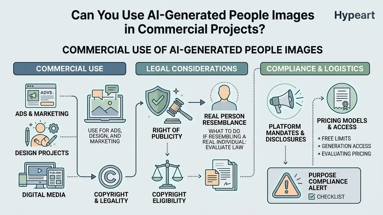 Summary of commercial use, legal considerations, and compliance factors for synthetic human media