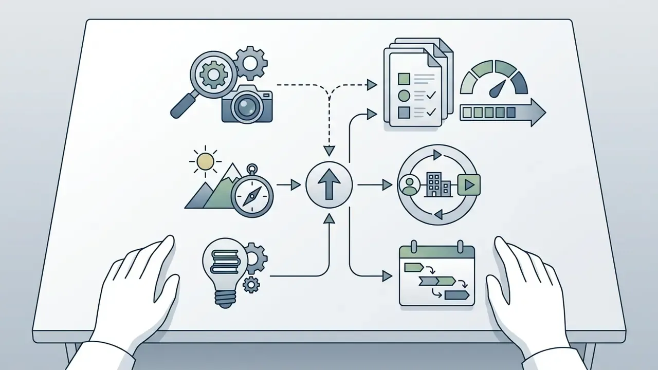 Hands resting on a desk with a central hub connecting icons for research, planning, and content production