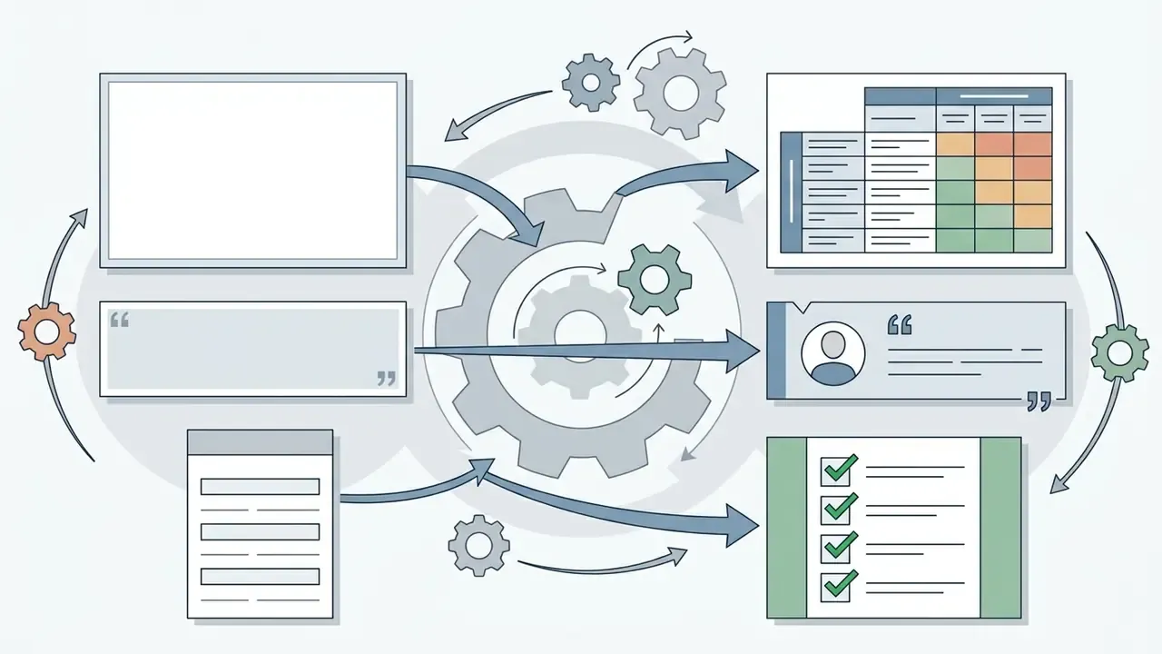 Placeholder blocks being processed by central gears into a capability matrix, quote, and checklist