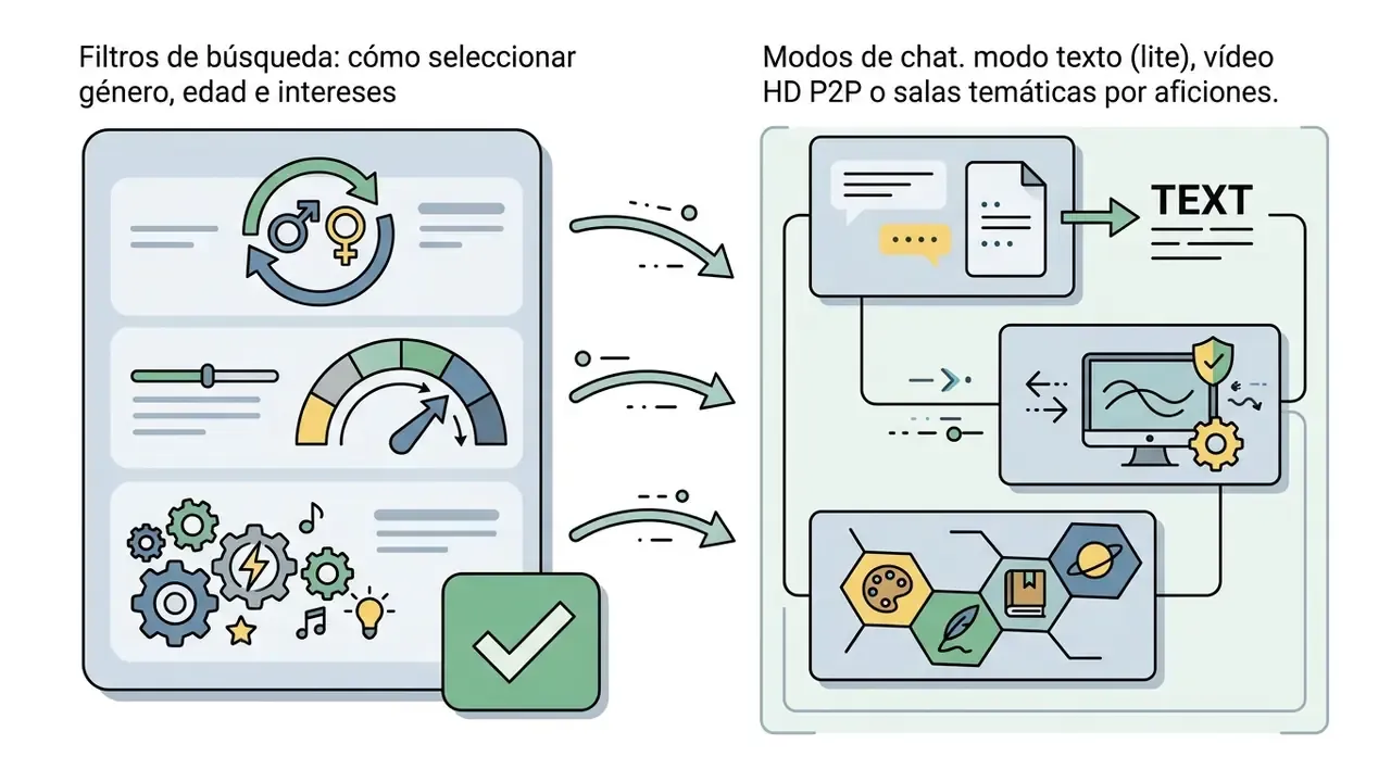 Panel with search filters connecting to a secondary box showing text, video, and themed chat options