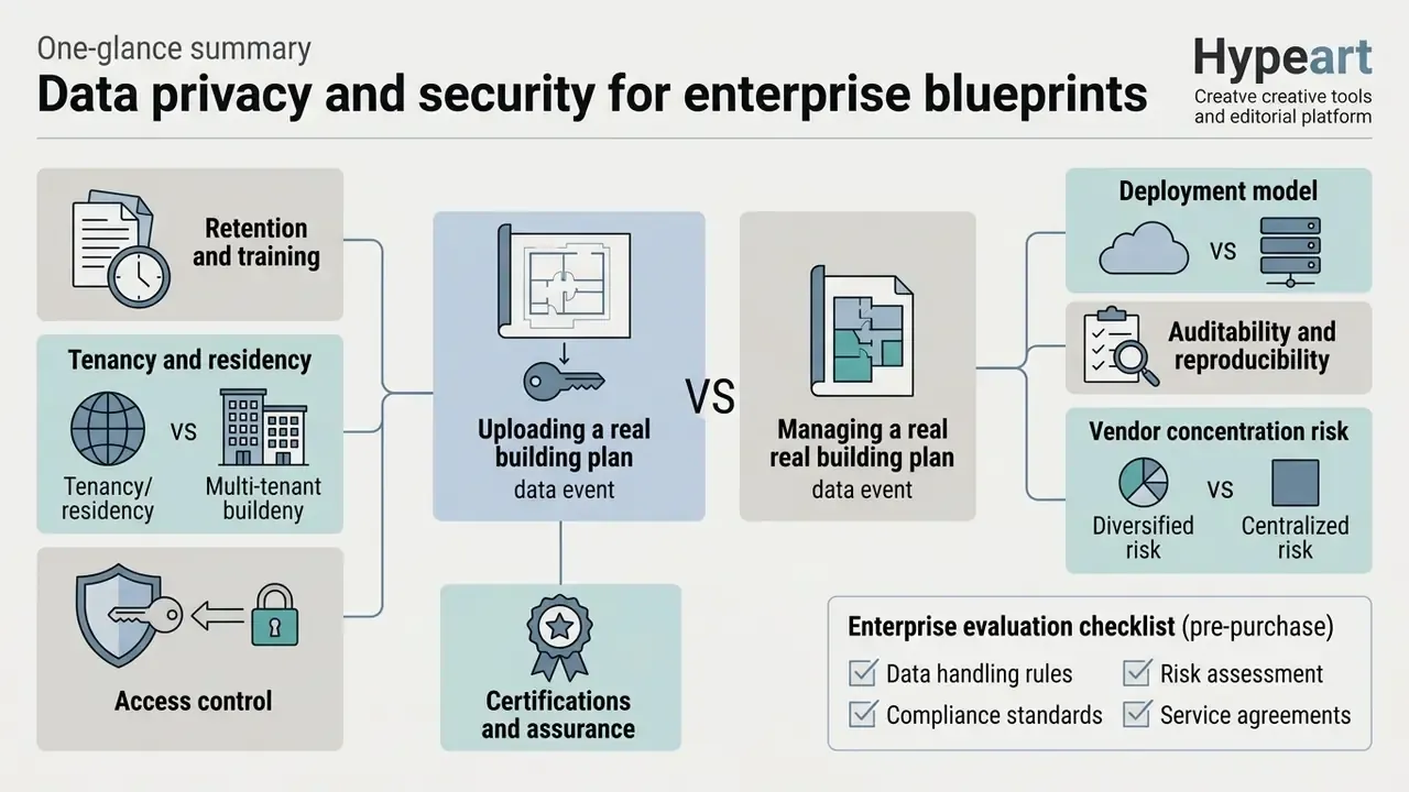 Flowchart comparing data events for building plans with security factors like access and auditability