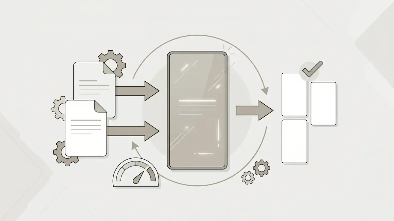 Document icons and gears feeding into a mobile screen that outputs vertical image frames with checkmarks