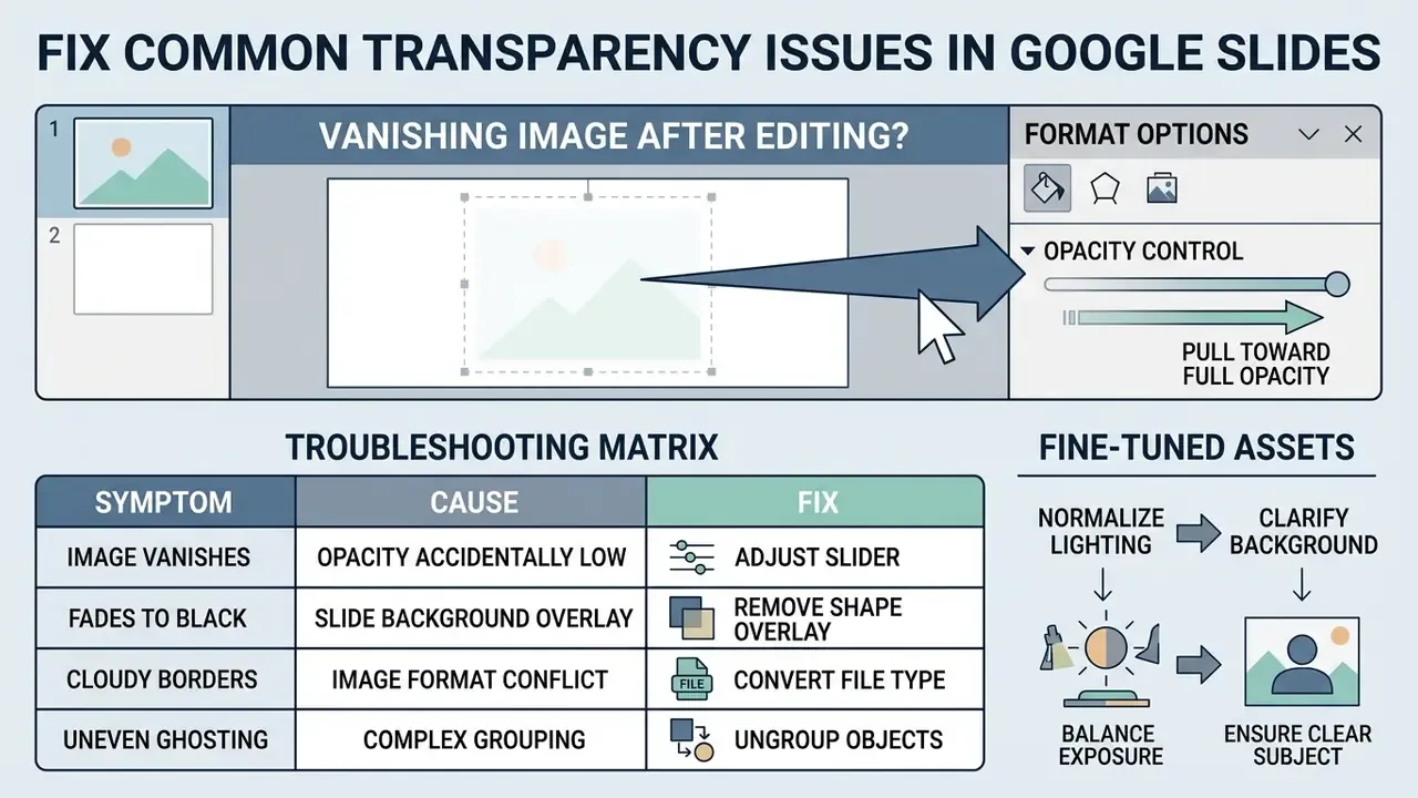 Troubleshooting matrix for image transparency issues showing opacity controls and common fix steps