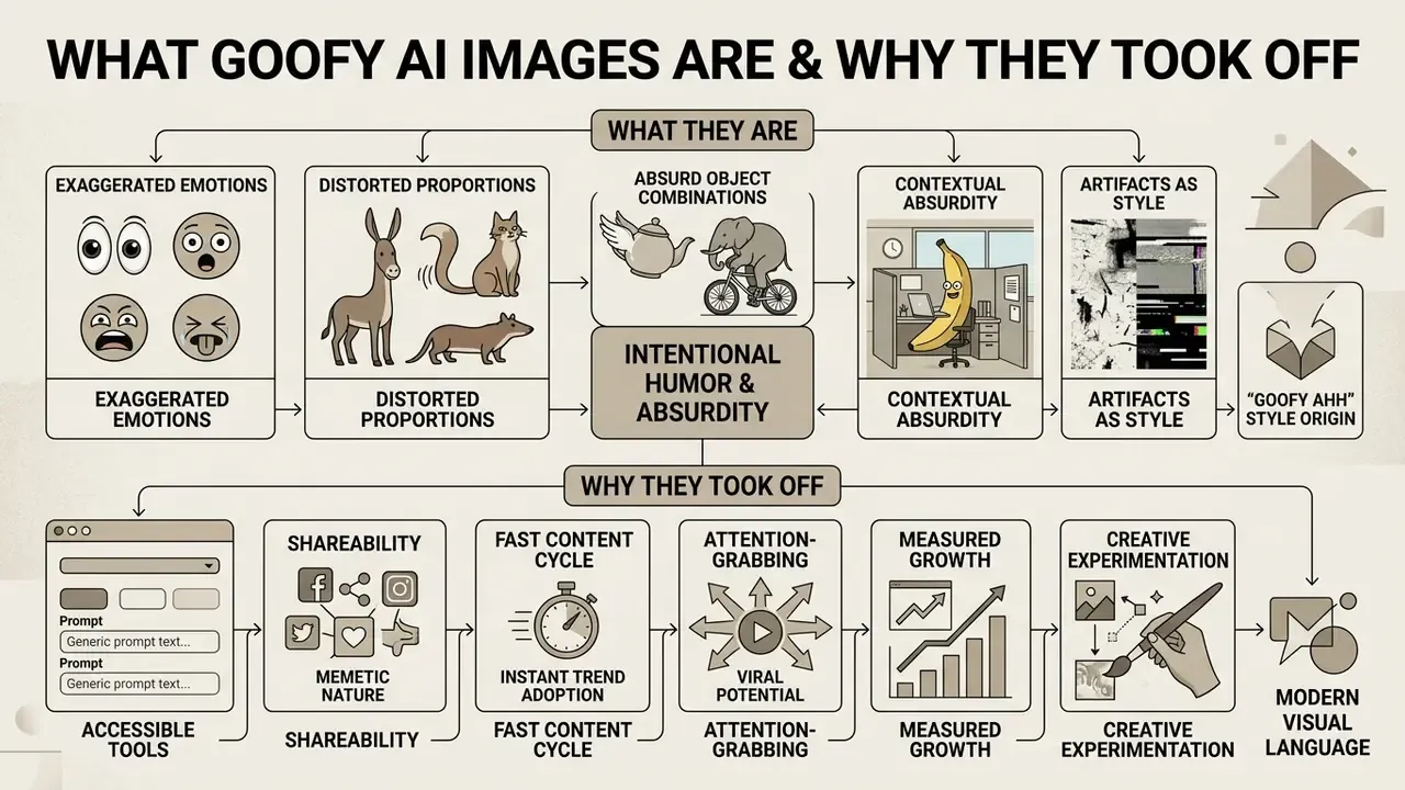 Infographic flowchart explaining the characteristics and popularity of goofy AI images