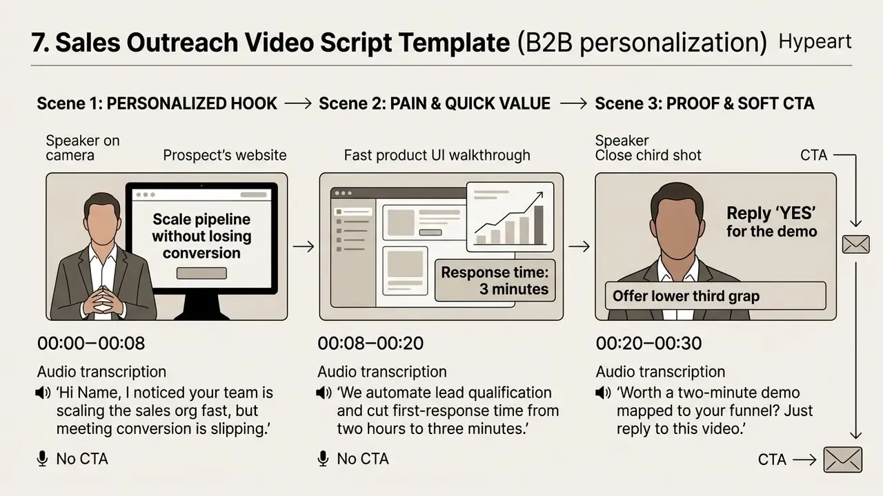 Three sequential panels showing speaker visuals, audio narration, and timing for B2B outreach videos