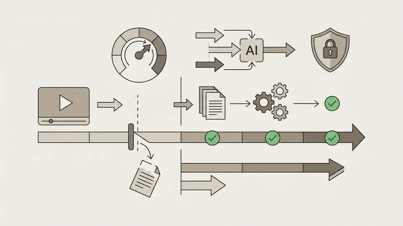 Timeline showing video processing stages with speed, security, and document analysis icons