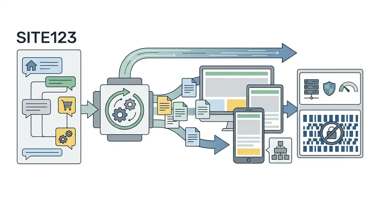 Process flow showing SITE123 user prompts generating mobile-optimized website pages and hosting outputs