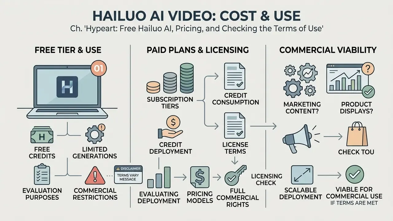 Infographic comparing free tiers, paid plans, and commercial usage rights for the Hailuo AI video generator