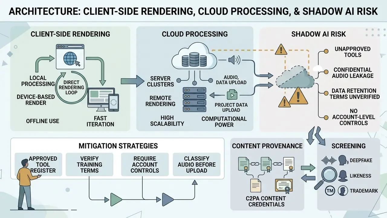 Diagram comparing client-side rendering, cloud processing, and shadow AI risks for a music video maker