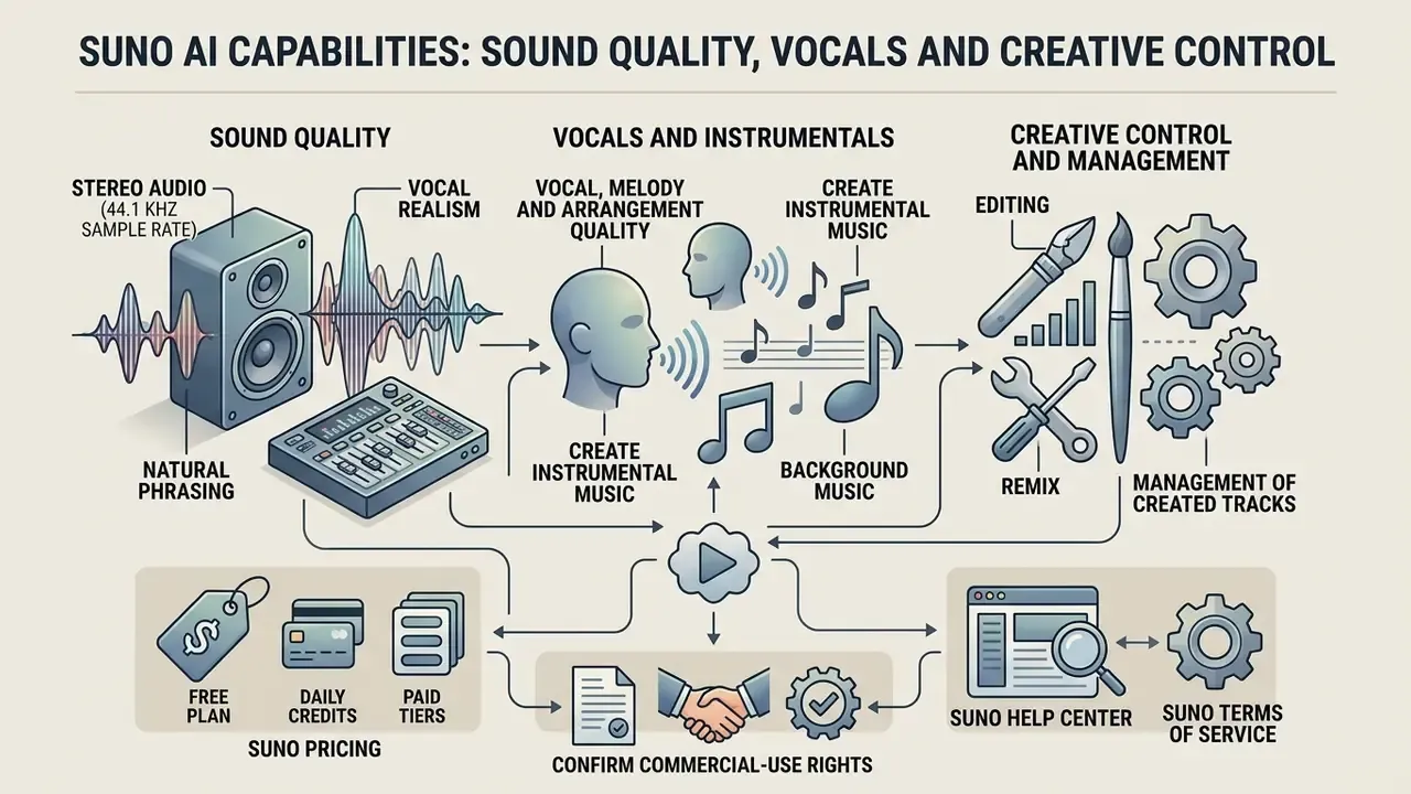 Visual summary of audio production features including sound quality, vocal realism, and track management