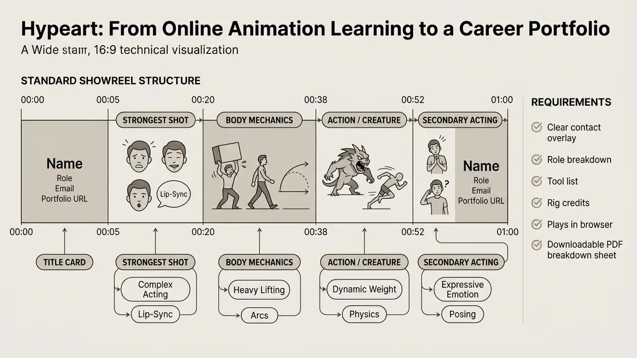 Timeline graphic detailing the chronological structure and technical requirements for a professional animation reel