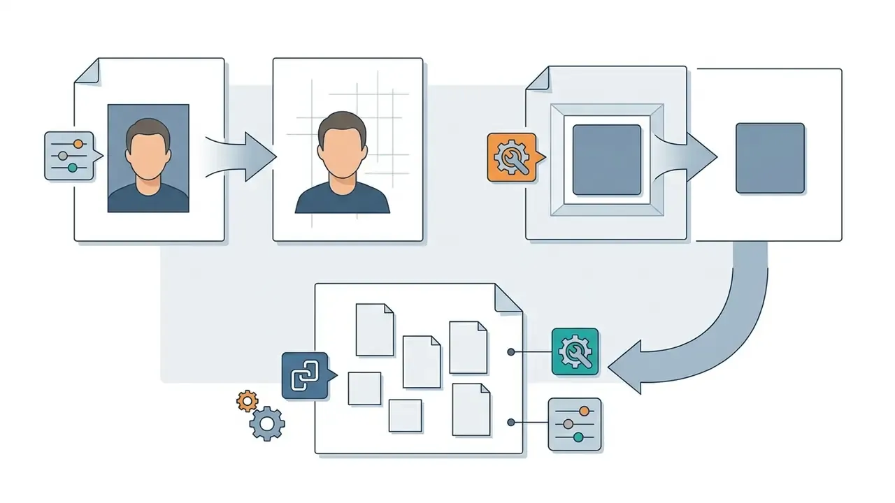 Visual steps showing background removal for headshots and product icons followed by file organization