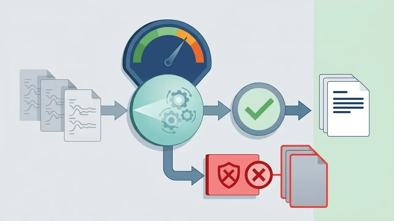 Documents passing through a gear mechanism that filters sensitive content into a blocked red container