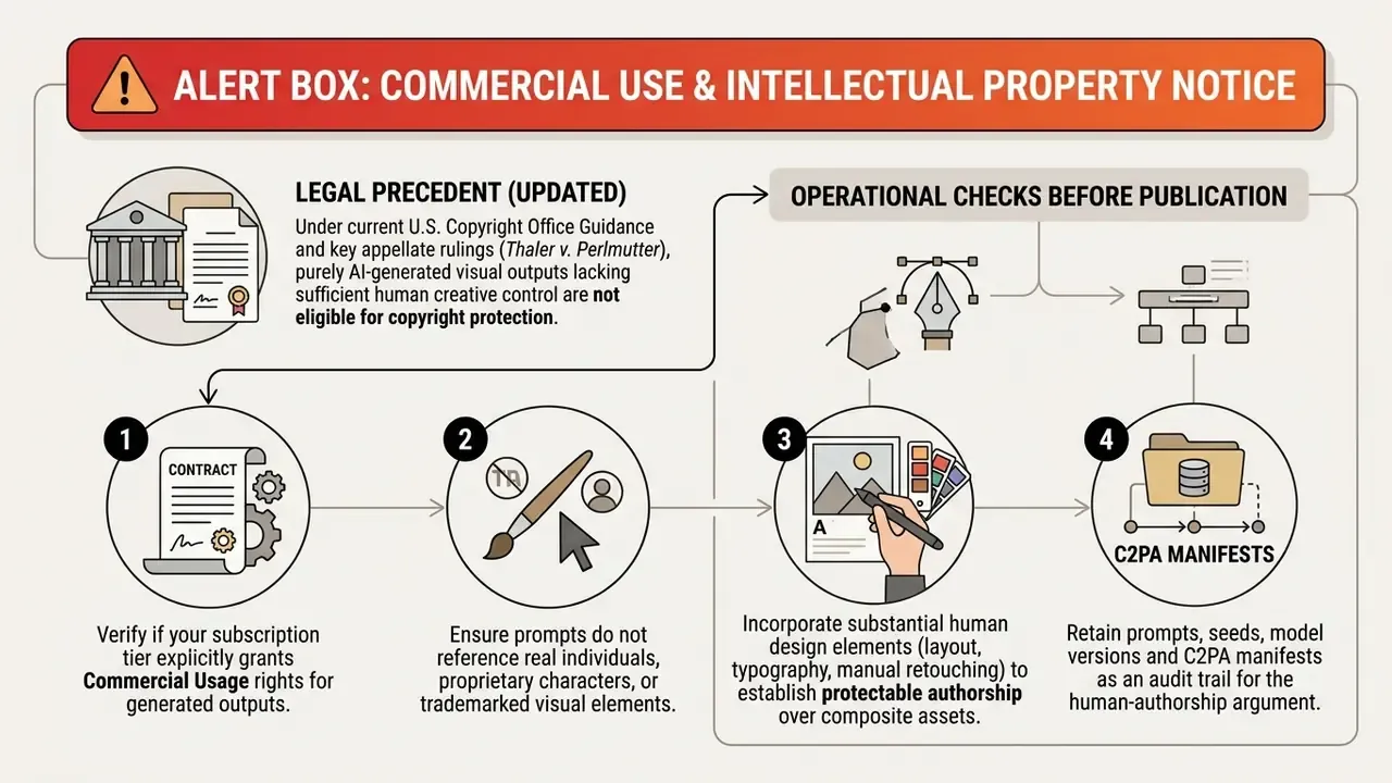 Flowchart outlining legal guidelines and four essential operational steps for publishing AI content