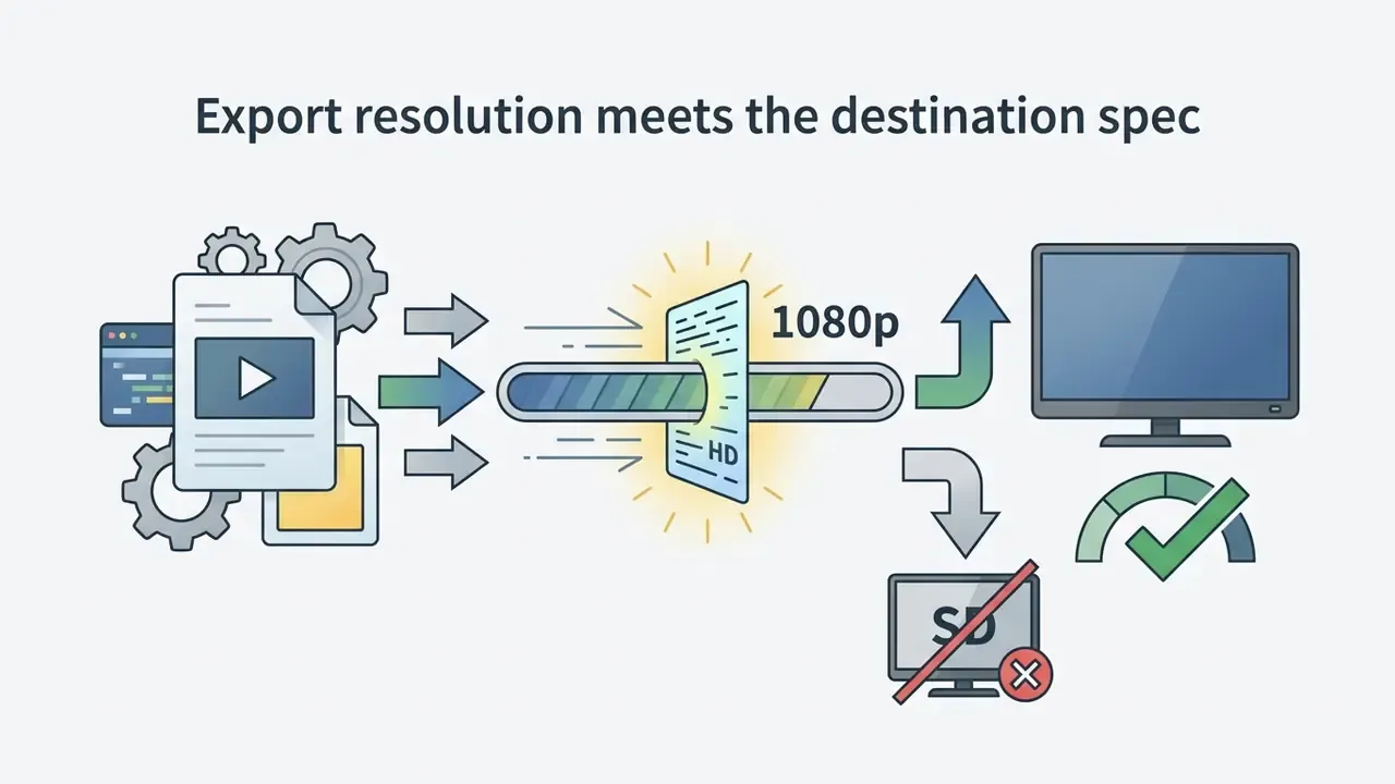 Media file processing through a progress bar to achieve 1080p resolution while rejecting lower quality output
