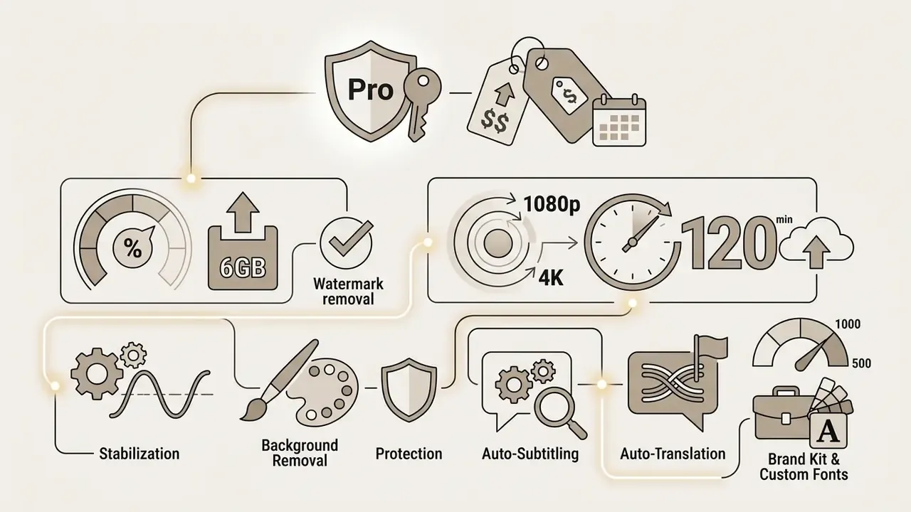 Icons representing subscription features including file limits, resolution, and editing tools