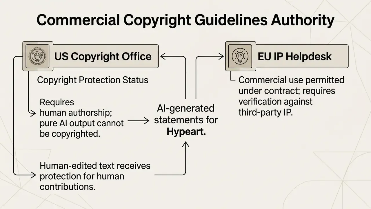 Flowchart comparing US and EU copyright guidelines for AI-generated text and human-edited contributions