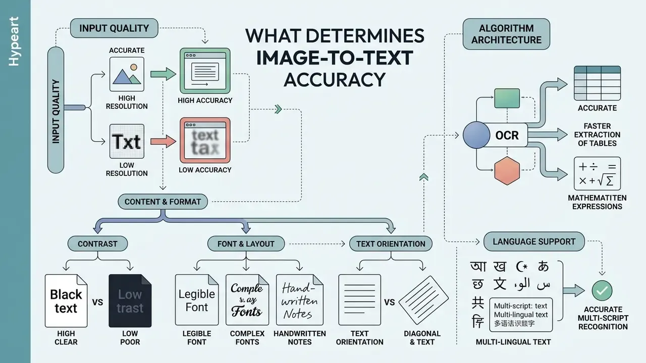 Infographic detailing factors like resolution, font style, and language support affecting data extraction