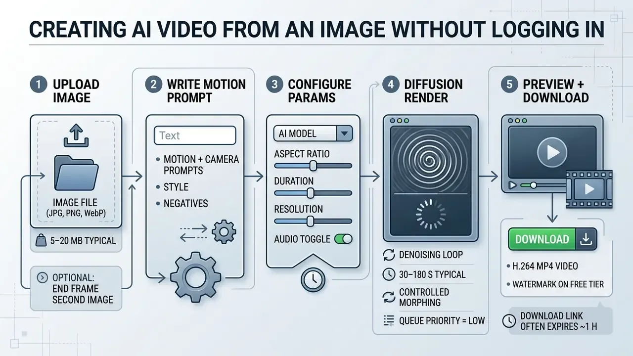 Five step process flow for generating AI video from an image without needing a user account