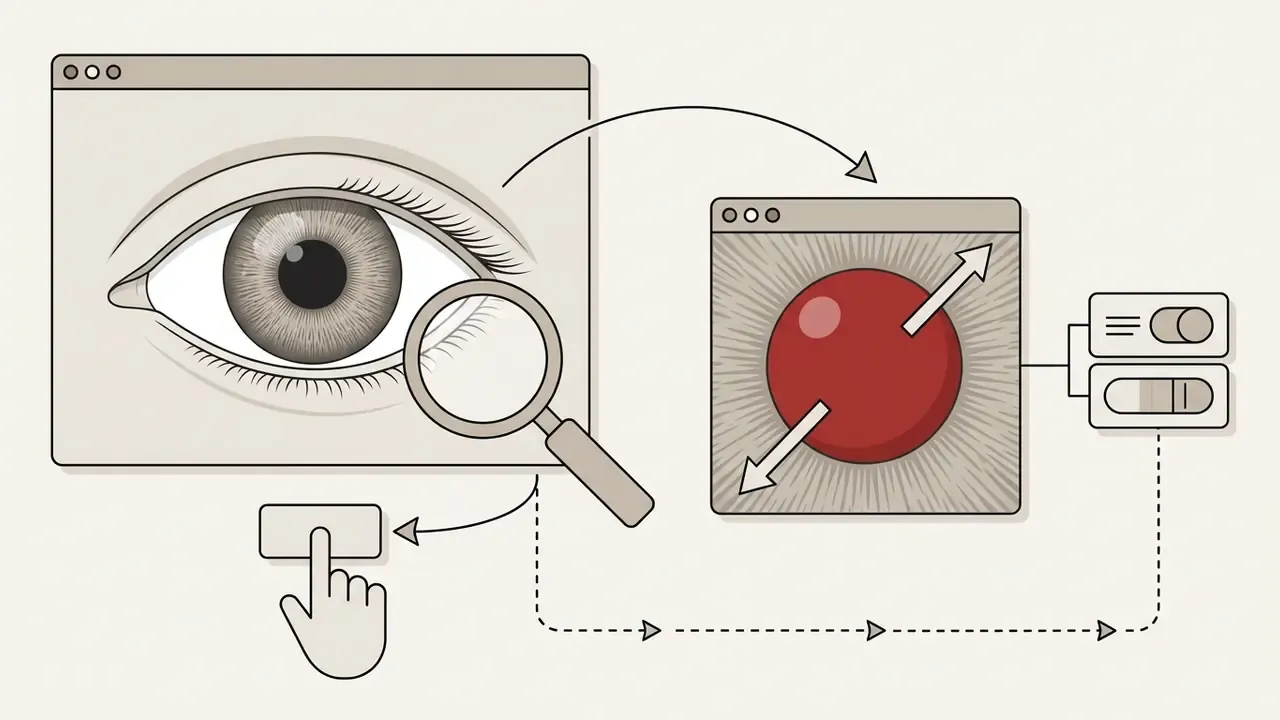 Magnifying glass inspecting a human eye before adjusting a red circular area with toggle controls