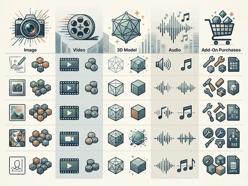 Table displaying OpenArt credit consumption across image, video, 3D model, audio, and add-on categories