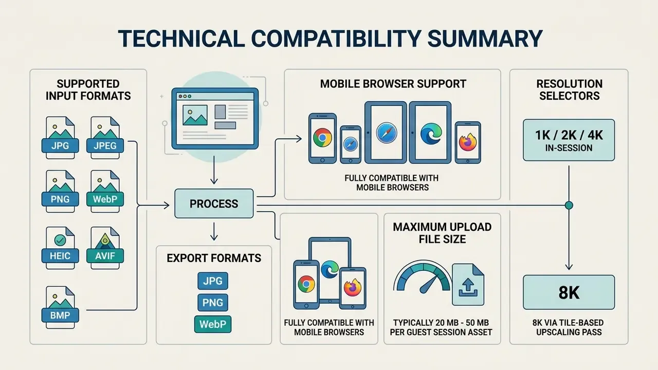 Summary of file formats, mobile browser compatibility, upload limits, and resolution for an AI image editor