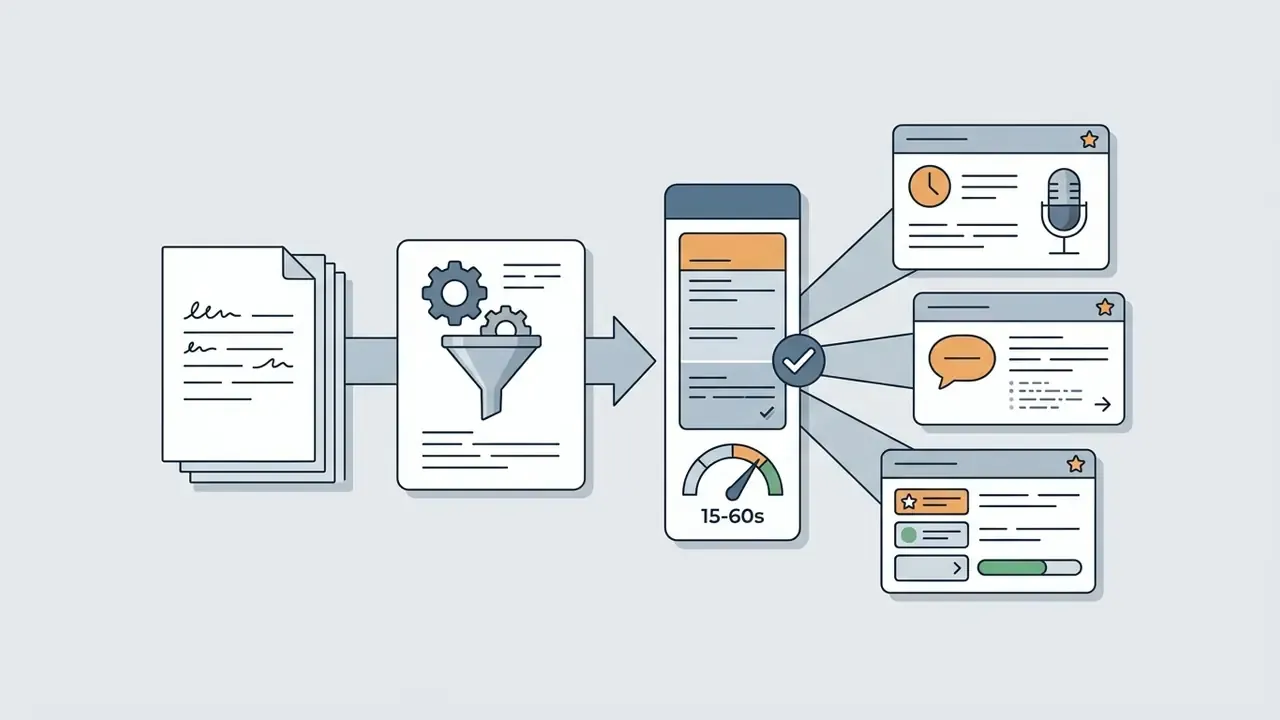 Documents feeding into a funnel processor to generate timed social media scripts on a mobile device
