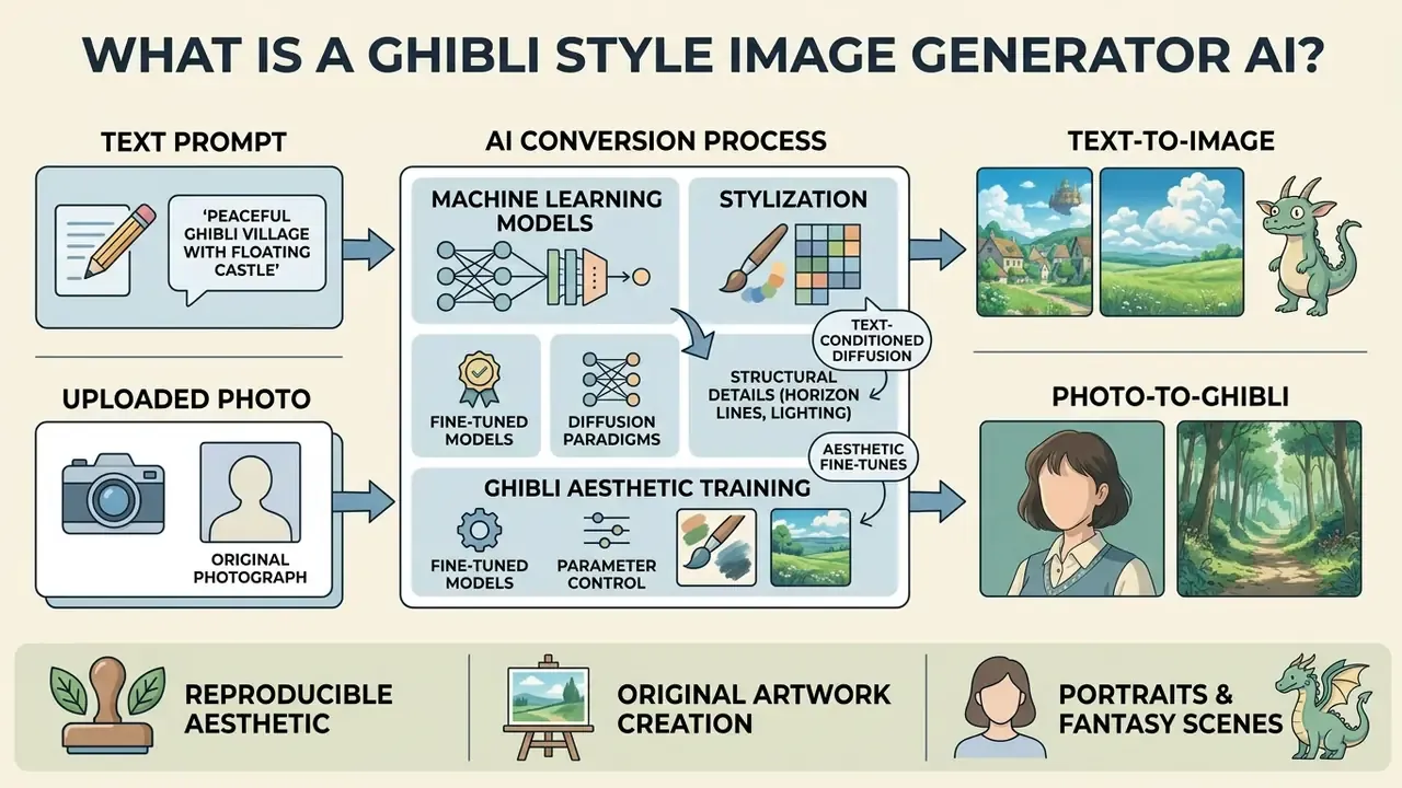 Infographic showing how a Ghibli style image generator AI converts text prompts or photos into art