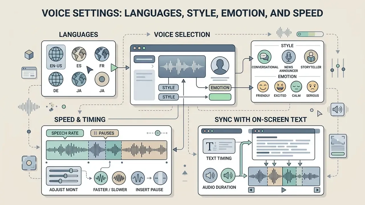 Infographic showing how to configure language, voice style, emotion, speed, and text synchronization