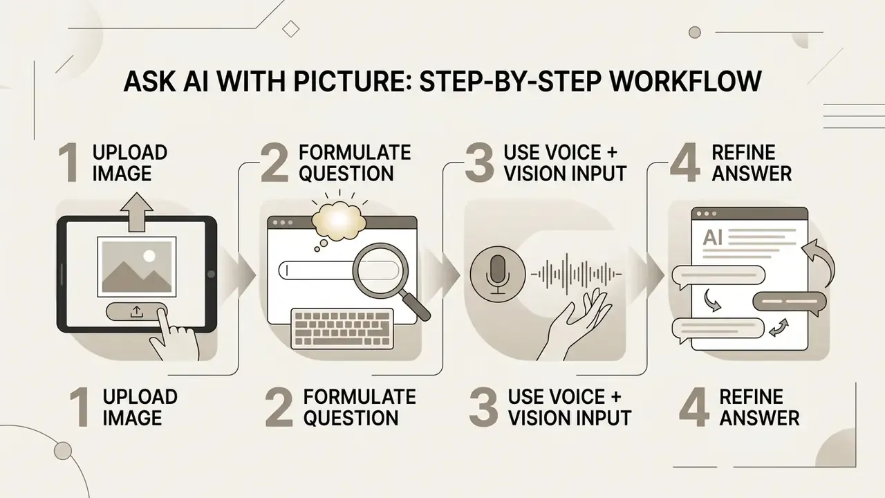 Four numbered steps showing how to upload an image, ask a question, use voice input, and refine results