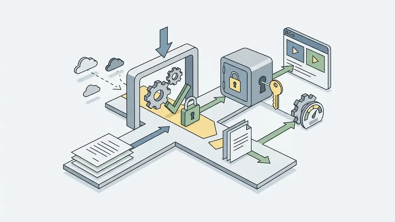 Document passing through a gear-driven gate into a secure vault with keys and dashboard monitors