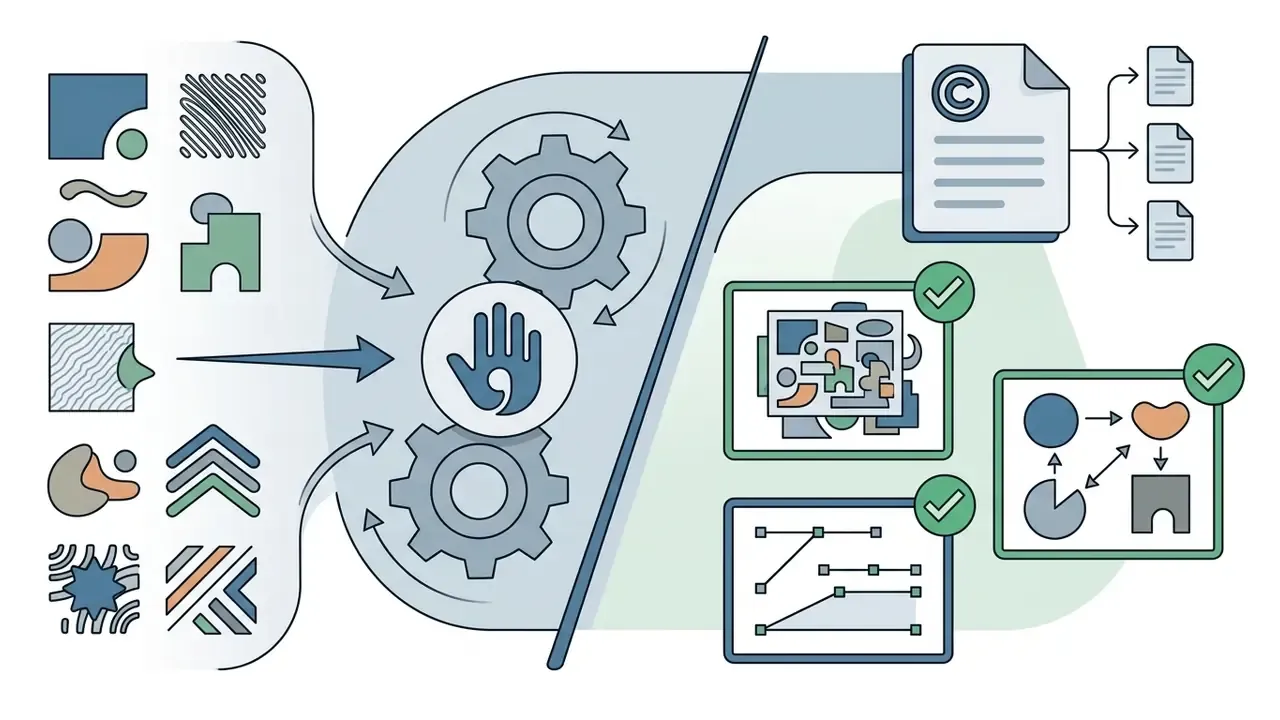 Abstract shapes entering a gear mechanism to be organized into documented and verified creative layouts