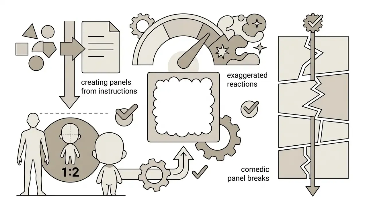 Diagram showing chibi proportions, exaggerated reaction clouds, and broken comic panel layouts