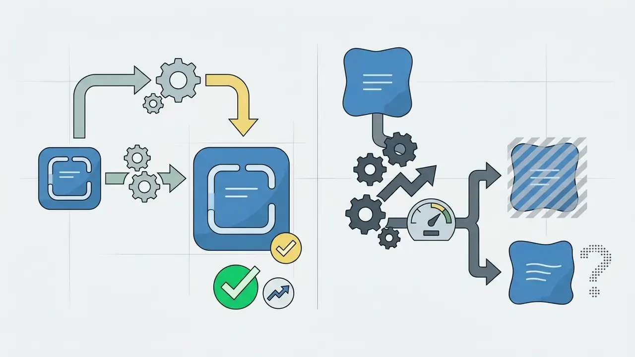 Gears connecting icon inputs to checkmarks or performance gauges and varied output quality results