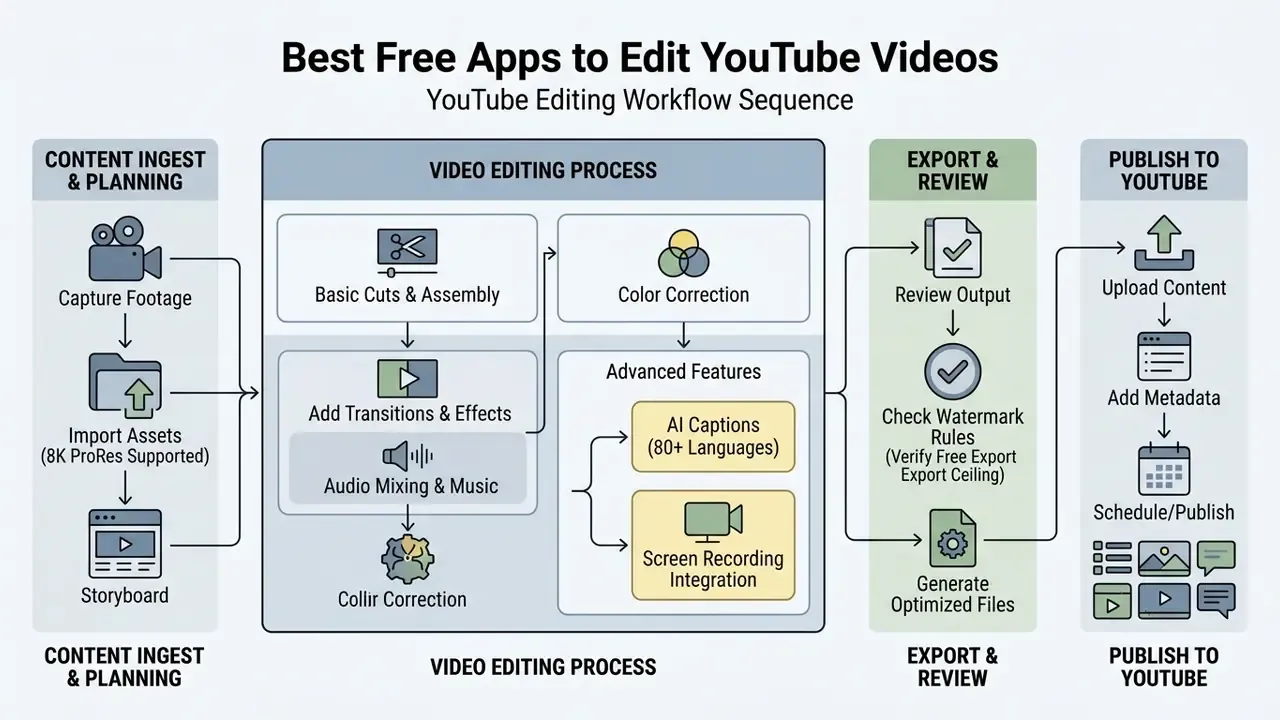 Step-by-step diagram outlining the stages from content planning to final YouTube video publication