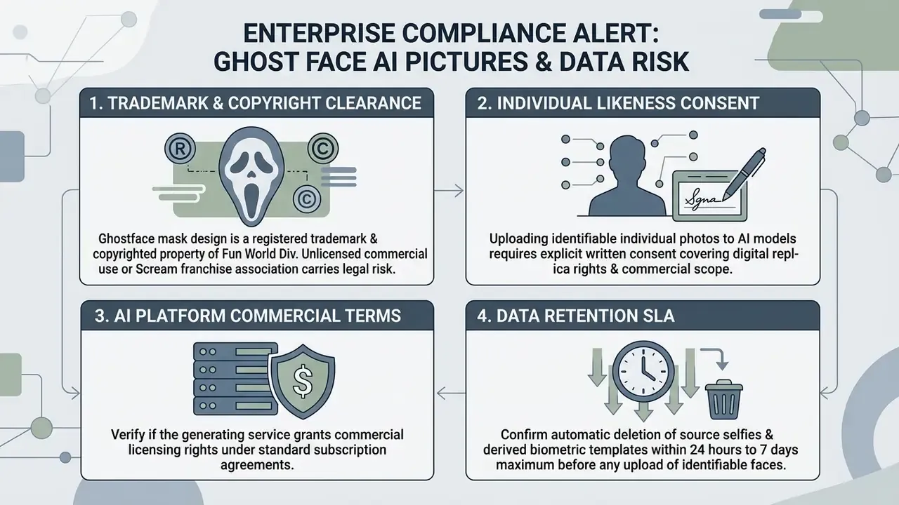 Infographic outlining four key compliance risks for creating ghost face AI pictures and data management